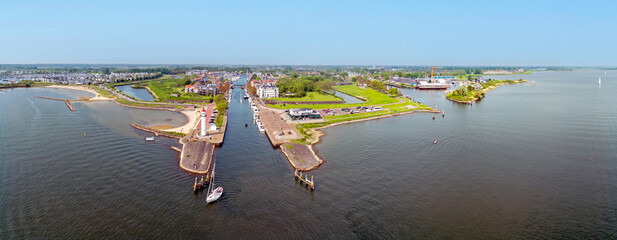 Aerial panorama from the town Hellevoetsluis with the lighthouse in the Netherlands