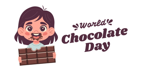 Girl with chocolate, for World Chocolate Day, hand drawn vector, flat style, holiday concept. Template for background, banner, card, poster with text inscription
