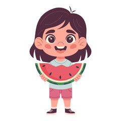 Girl eating watermelon, happy, funny, summer season, refreshing, with watermelon slice in hand, hand-drawn, flat vector illustration