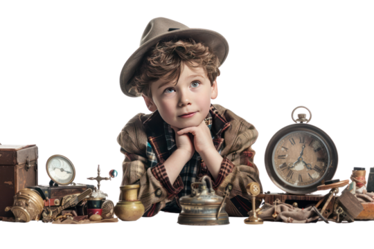 A curious boy, exploring a treasure trove of props and costumes ,isolated on white background.