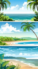 Fototapeta premium Summer holiday banners set vector image.Summer vacation loungers on sea beach landscape vector image