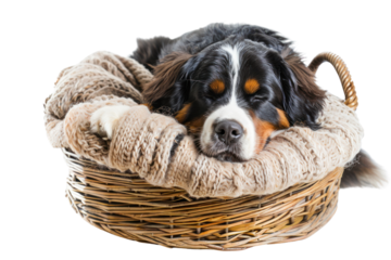 A cuddly Bernese Mountain Dog with a thick, fluffy coat, curled up peacefully in a cozy basket. ,isolated on white background