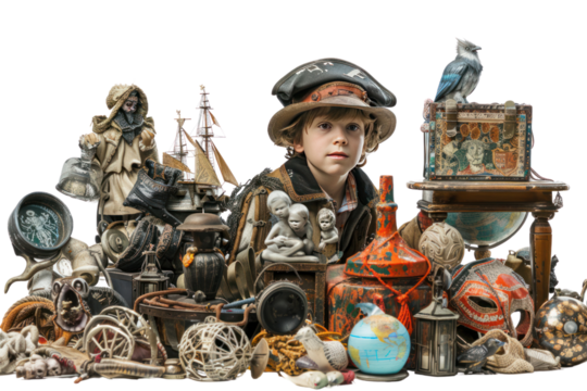 A curious boy, exploring a treasure trove of props and costumes ,isolated on white background.