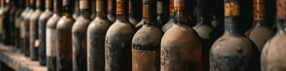 A row of weathered, vintage wine bottles stand in silent testament to the passage of time, their dusty surfaces revealing a forgotten history. © Pink Badger