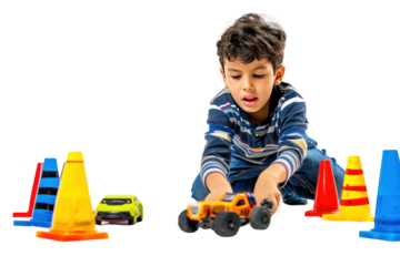 A creative boy with a pile of building blocks, constructing a towering castle of dreams in a playful studio setting. ,realistic photos isolated on white background