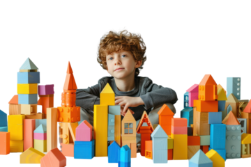 A creative boy with a pile of building blocks, constructing a towering castle of dreams in a playful studio setting. ,realistic photos isolated on white background