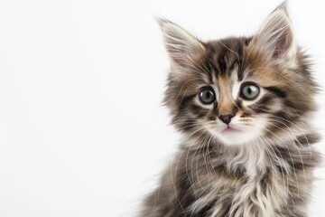Charming fluffy kitten with striking markings looks curiously at the camera, its soft fur and endearing eyes captured against a clean, white backdrop perfect for pet-related content