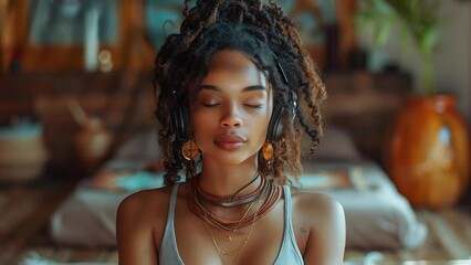 Young African American woman meditating with headphones, embracing peace and self-care in a calm, boho-styled space.