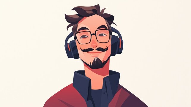 A charming and athletic male avatar is depicted in a 2d flat design complete with a mustache beard stylish haircut trendy eyeglasses and cool headphones This cartoon internet symbol capture