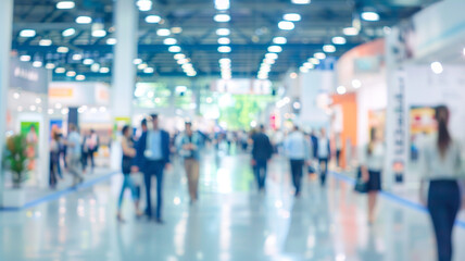 A blurred background of business people walking around at an exhibition hall