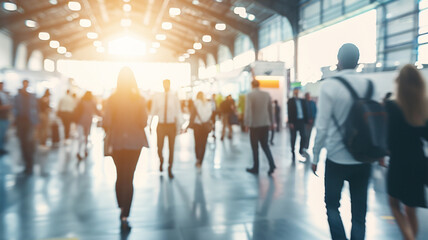 A blurred background of business people walking around at an exhibition hall