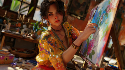 Fototapeta premium A woman is seated in front of an easel with a painting, focusing intently on the artwork
