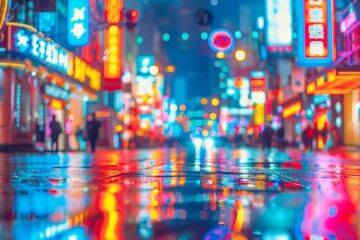 Obraz premium City streets at night with a blur effect that turns neon lights into colorful orbs.