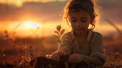 A child holds soil with a young plant at sunrise