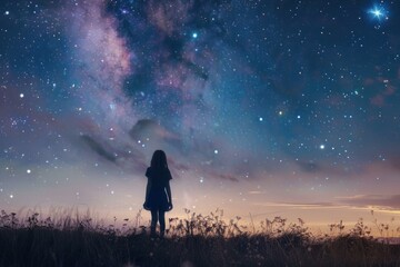Silhouette of a lone woman standing in a field, looking up at a magnificent night sky filled with stars