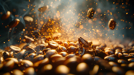 Coffee beans roasting concept: High resolution image capturing the rich aroma and process of transforming green beans into roasted coffee in a glossy backdrop, photo realistic.