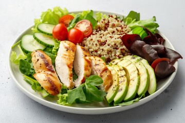 Healthy chicken salad featuring sliced grilled chicken breast, mixed greens, quinoa, avocado, cucumbers, and cherry tomatoes, served on a white plate, ideal for a nutritious meal