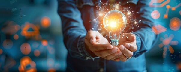 A hand holding a glowing light bulb surrounded by a globe representing global energy and technology