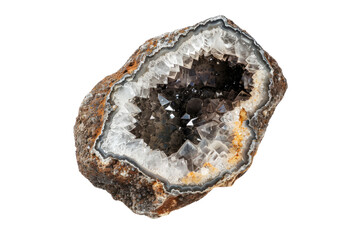 A close-up view of a geode, revealing the hidden beauty of crystals within, isolated on white background.