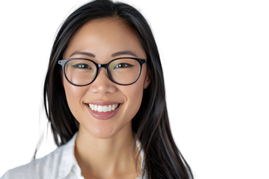 A close-up portrait of a young Asian woman, her smile illuminating her face, her glasses adding a touch of sophistication, isolated on a white background.
