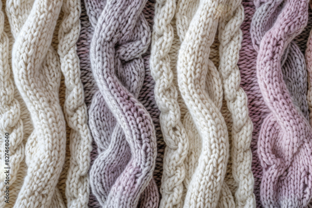 Poster close-up image showcasing the detailed intertwining patterns of a knitted fabric in neutral white an