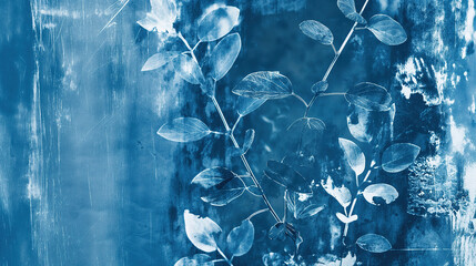 Cyanotype, plants and leaves, background in blue tones, abstract background nature concept. fabric dye pattern