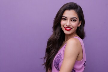 Naklejka premium Young Latin transgender woman happily smiling against purple background with copy space.