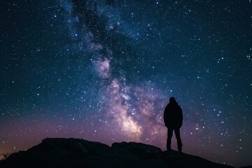Fototapeta premium Silhouette of a lone person watching the milky way galaxy from atop a hill at night