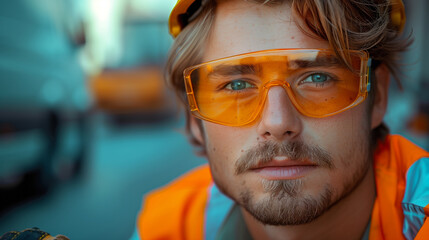 A man with glasses and a yellow vest is looking at the camera. He has a beard and a mustache. a technician young men, 20 years old, green eyes, transparent safety glasses, high-visibility orange vest - Powered by Adobe