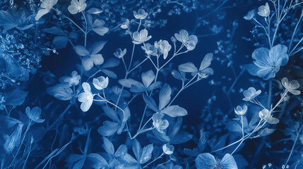 blue floral background, with delicate flowers and leaves on a dark blue background, in shades of blue and white. Dreamy and ethereal cyanotype art