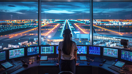 A female air traffic controller at work in the airport control tower.