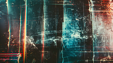 Grunge abstract background. Damaged screen. Orange glitch noise on blue scratched texture with dust.