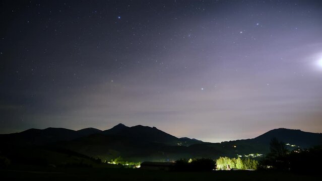 Night sky at full moon, faint high clouds, silhouette of hilly rural landscape