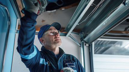 A mechanic is repairing the garage door opener in the garage.