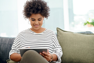 Business, tablet and black woman in office with internet research, reading article and virtual...