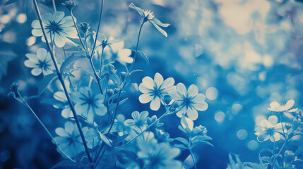 blue wild flowers, soft focus, dreamy atmosphere, vintage style cyanotype style 