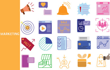 Marketing is a process. Making people aware of your company's products or services, market research. ,Set of icons for business ,Osymbol collection.,Vector illustration.