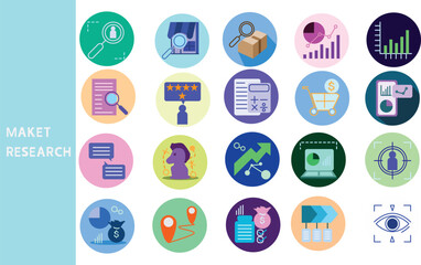 Market research, Study and find market information to present products and services.  ,Set of icons for business ,symbol collection.,Vector illustration.