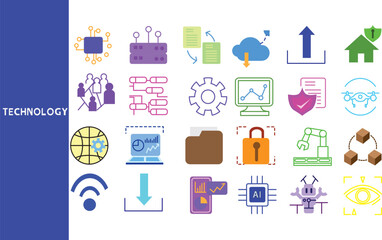 Technology, People's use of technology in various forms for economic benefit. ,Set of icons for business ,Outline symbol collection.,Vector illustration.