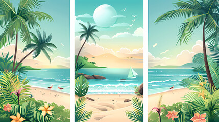 Fototapeta premium Summer holiday banners set vector image.Summer vacation loungers on sea beach landscape vector image