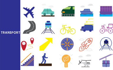 Transport , Transportation of goods by plane across continents requesting passage and traveling by car or train  ,Set of icons for business ,symbol collection.,Vector illustration.