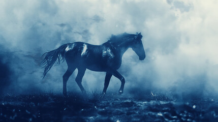 horse running in the fog, with dark blue and white color tones and atmospheric lighting cyanotype style