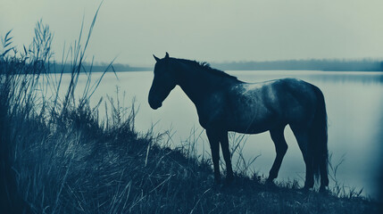 horse stands by the lake, on the grassy bank, in a cinematic, moody, atmospheric style. The scene has a blue monochrome print cyanotype