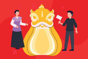 A boy and a girl stand near a dragon.