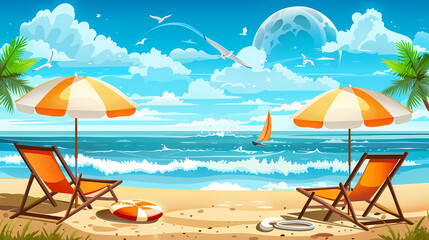 Summer holiday banners set vector image.Summer vacation loungers on sea beach landscape vector image