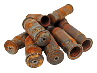 Close-up of weathered and rusty bullet casings arranged in a pile. Symbol of war history, decay, and abandonment.
