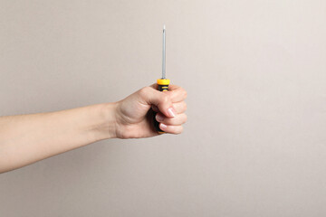 Woman holding screwdriver on grey background, closeup