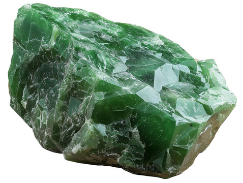 High-quality close-up of raw green jade crystal on a white background, ideal for geology and mineral collections.
