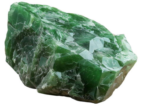 High-quality close-up of raw green jade crystal on a white background, ideal for geology and mineral collections.
