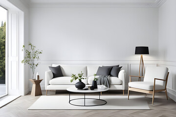 Modern living room design, minimalist home decor with white sofa and neutral colors, interior mockup, 3d rendering